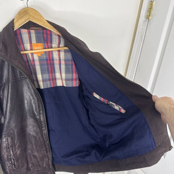 Hugo Boss Orange Men’s Lamb Leather Jacket Brown Size 38 Moto Plaid Lined Zip - Picture 7 of 12